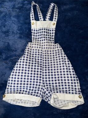 2-3T Vintage 70s Blue Gingham Kids One-Piece Romper with Straps